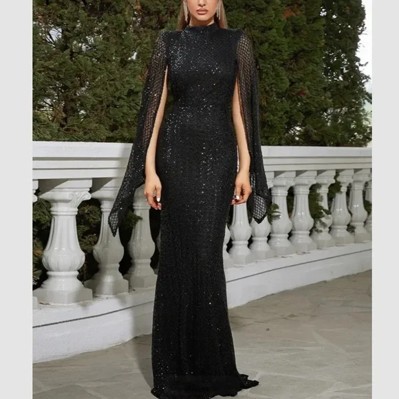 Luxe sequins mermaid hem bodycon formal evening black tie gown dress - Picture 1 of 7